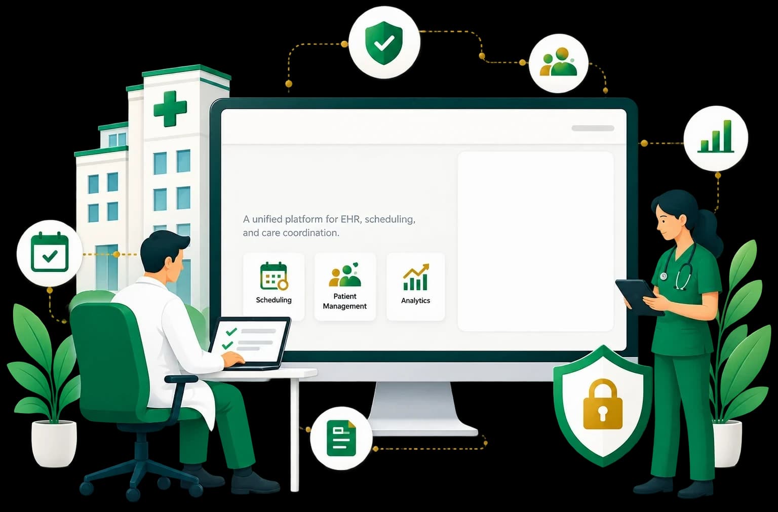 A doctor and nurse using Medistream360 across desktop and tablet — scheduling, patient management, and analytics in one platform.